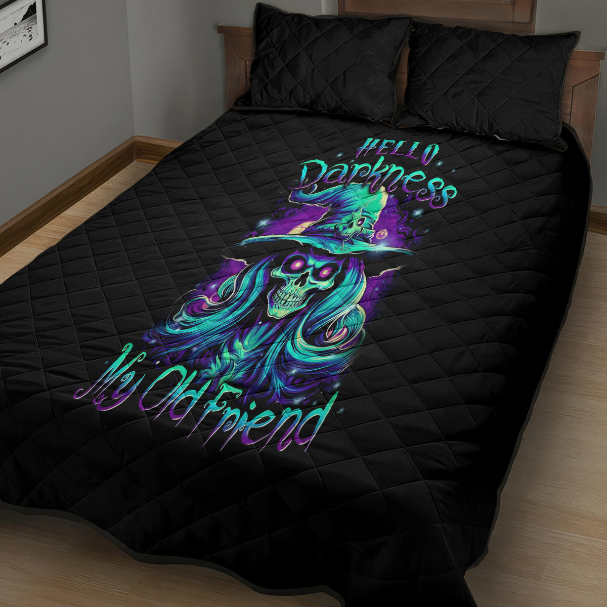 Witch Skull Quilt Bed Set Skull Witch Hello Darkness My Old Friend - Wonder Print Shop