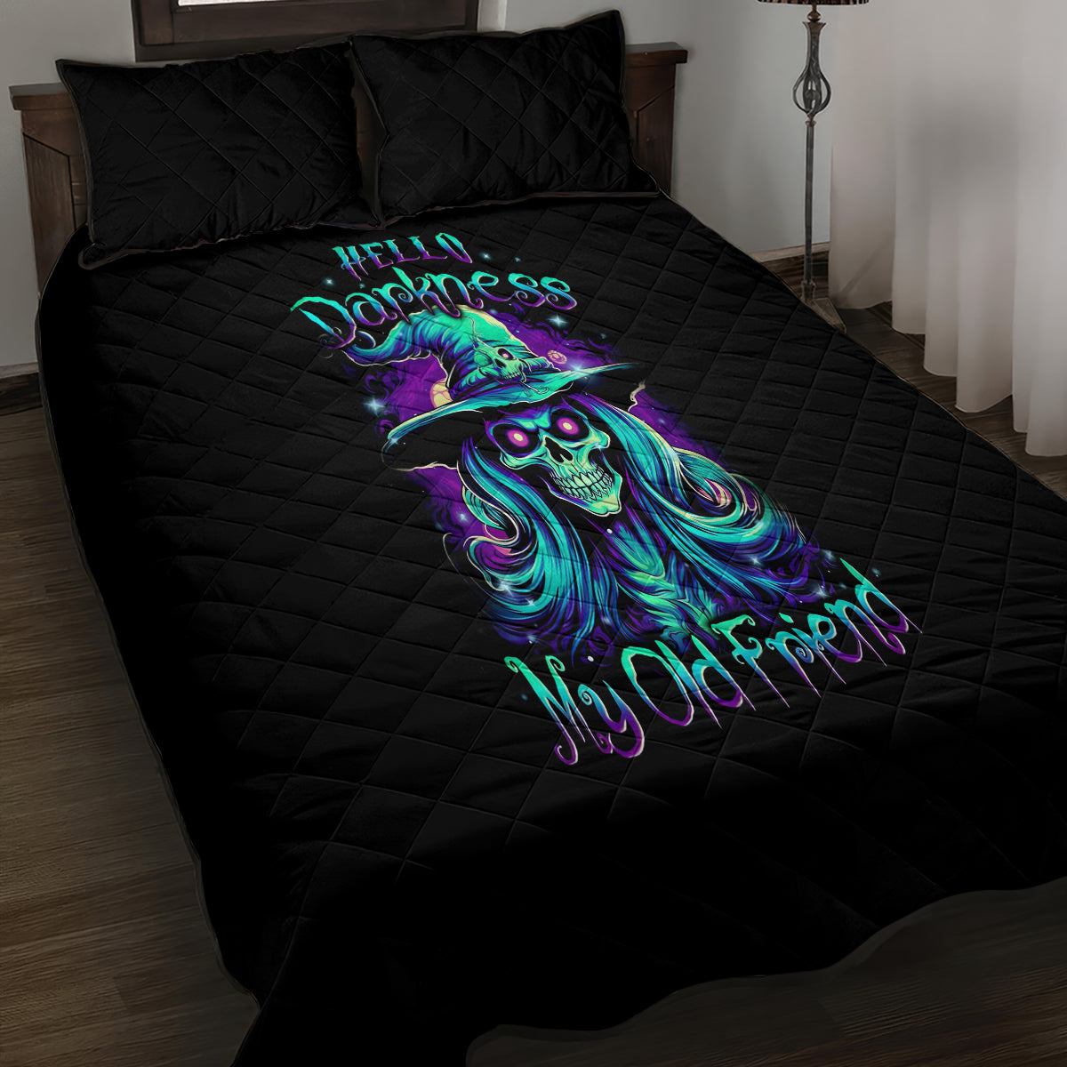 Witch Skull Quilt Bed Set Skull Witch Hello Darkness My Old Friend - Wonder Print Shop
