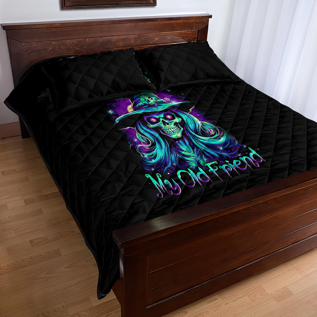 Witch Skull Quilt Bed Set Skull Witch Hello Darkness My Old Friend - Wonder Print Shop