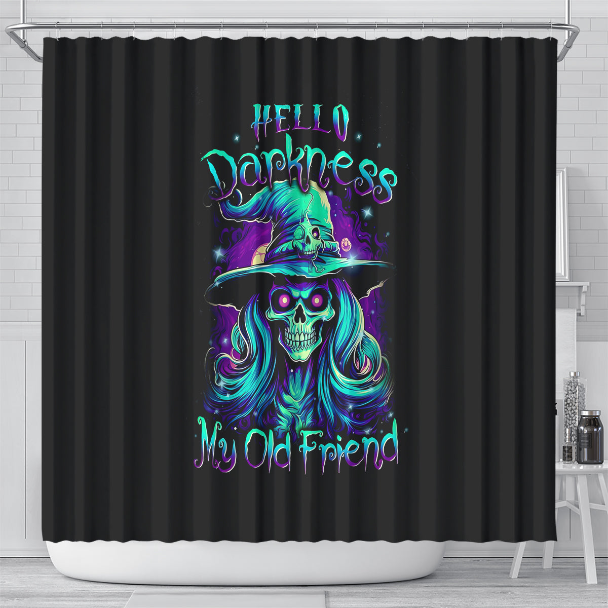 witch-skull-shower-curtain-skull-witch-hello-darkness-my-old-friend
