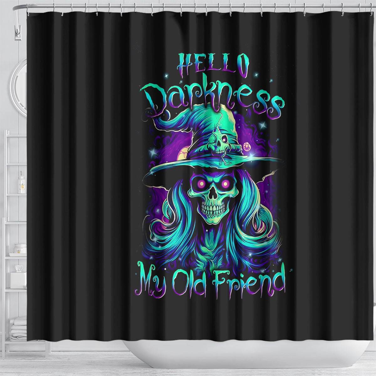 witch-skull-shower-curtain-skull-witch-hello-darkness-my-old-friend