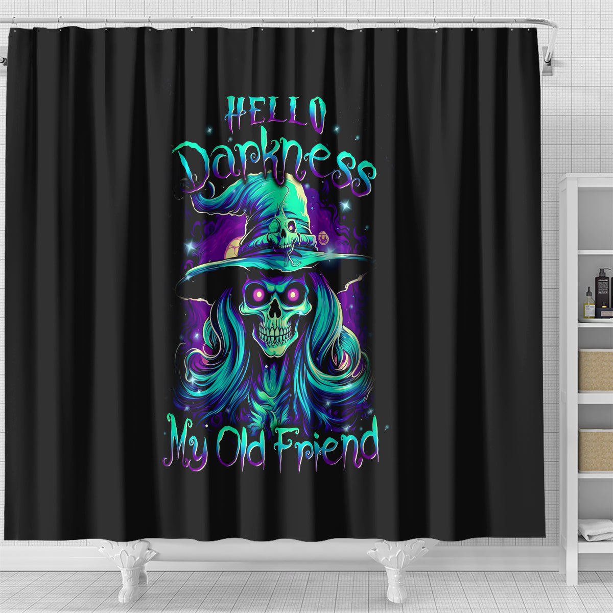witch-skull-shower-curtain-skull-witch-hello-darkness-my-old-friend