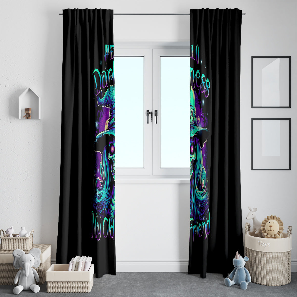 Witch Skull Window Curtain Skull Witch Hello Darkness My Old Friend - Wonder Print Shop