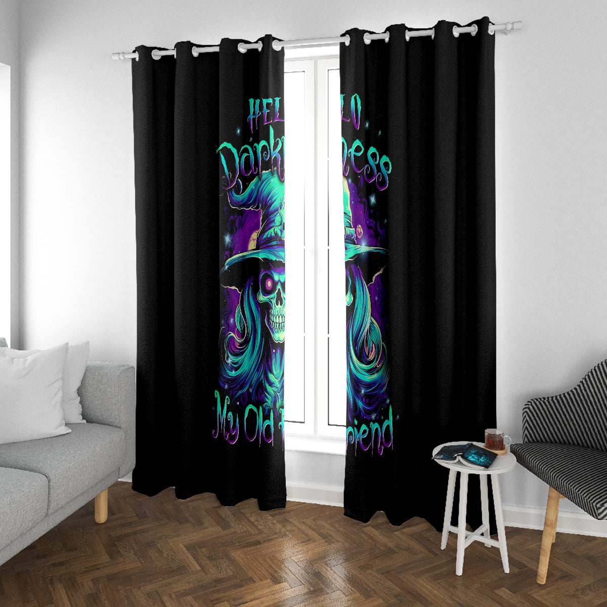 Witch Skull Window Curtain Skull Witch Hello Darkness My Old Friend - Wonder Print Shop