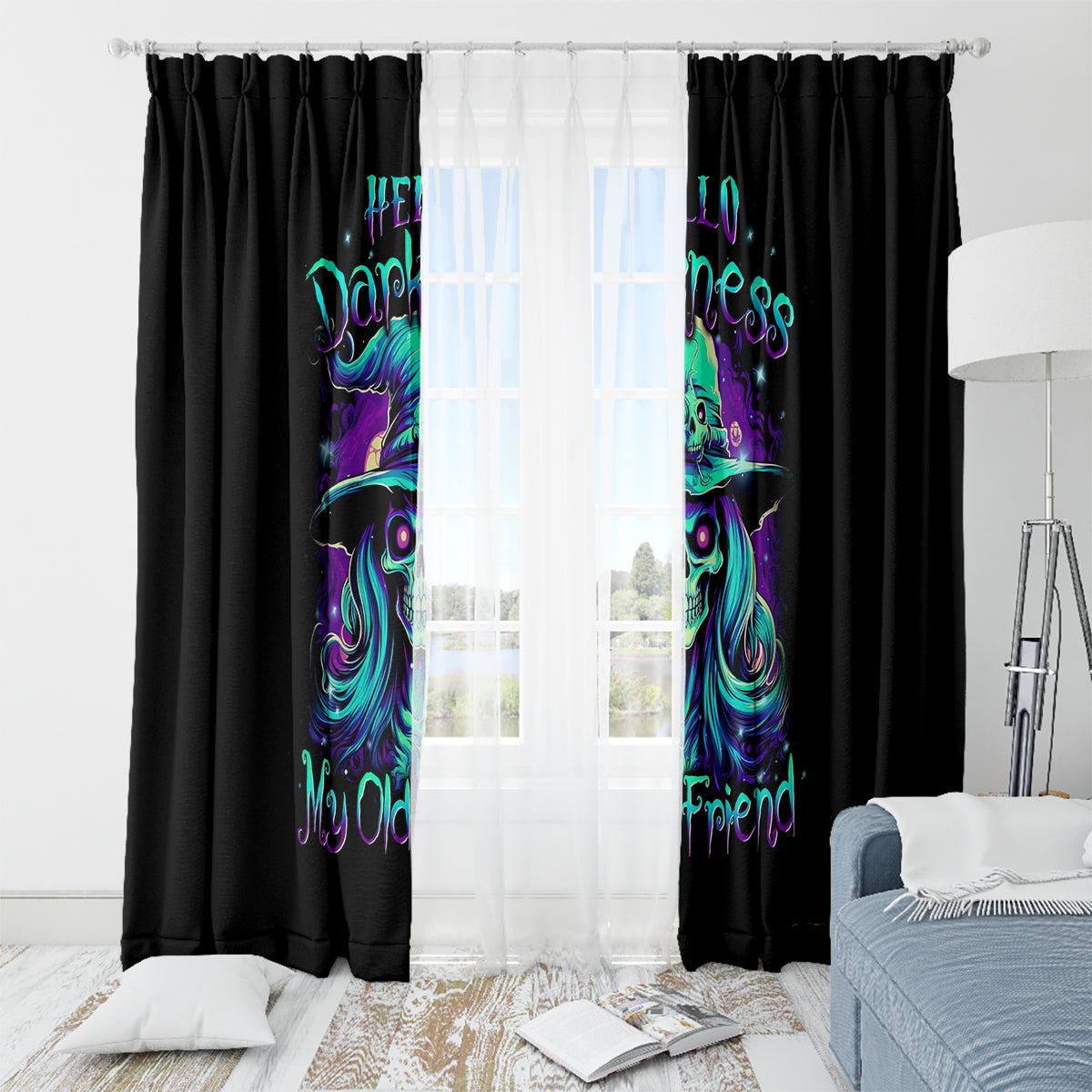 Witch Skull Window Curtain Skull Witch Hello Darkness My Old Friend - Wonder Print Shop