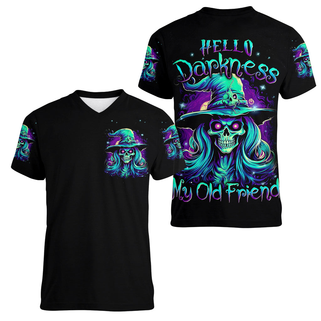Witch Skull Women V Neck T Shirt Skull Witch Hello Darkness My Old Friend - Wonder Print Shop