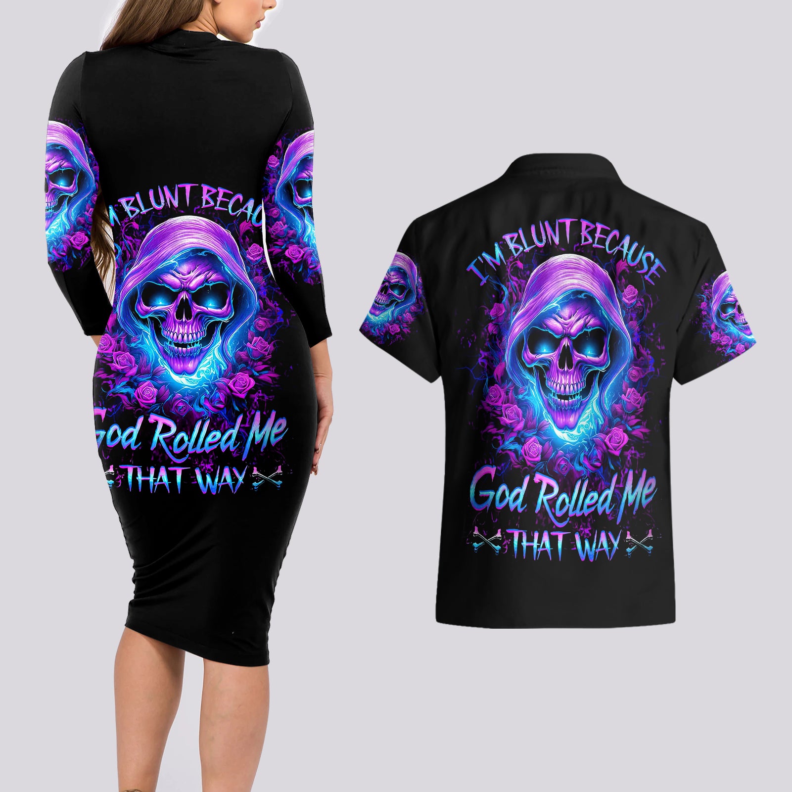 Rose Skull Couples Matching Long Sleeve Bodycon Dress and Hawaiian Shirt I'm Blunt Because God Rolled Me That Way - Wonder Print Shop