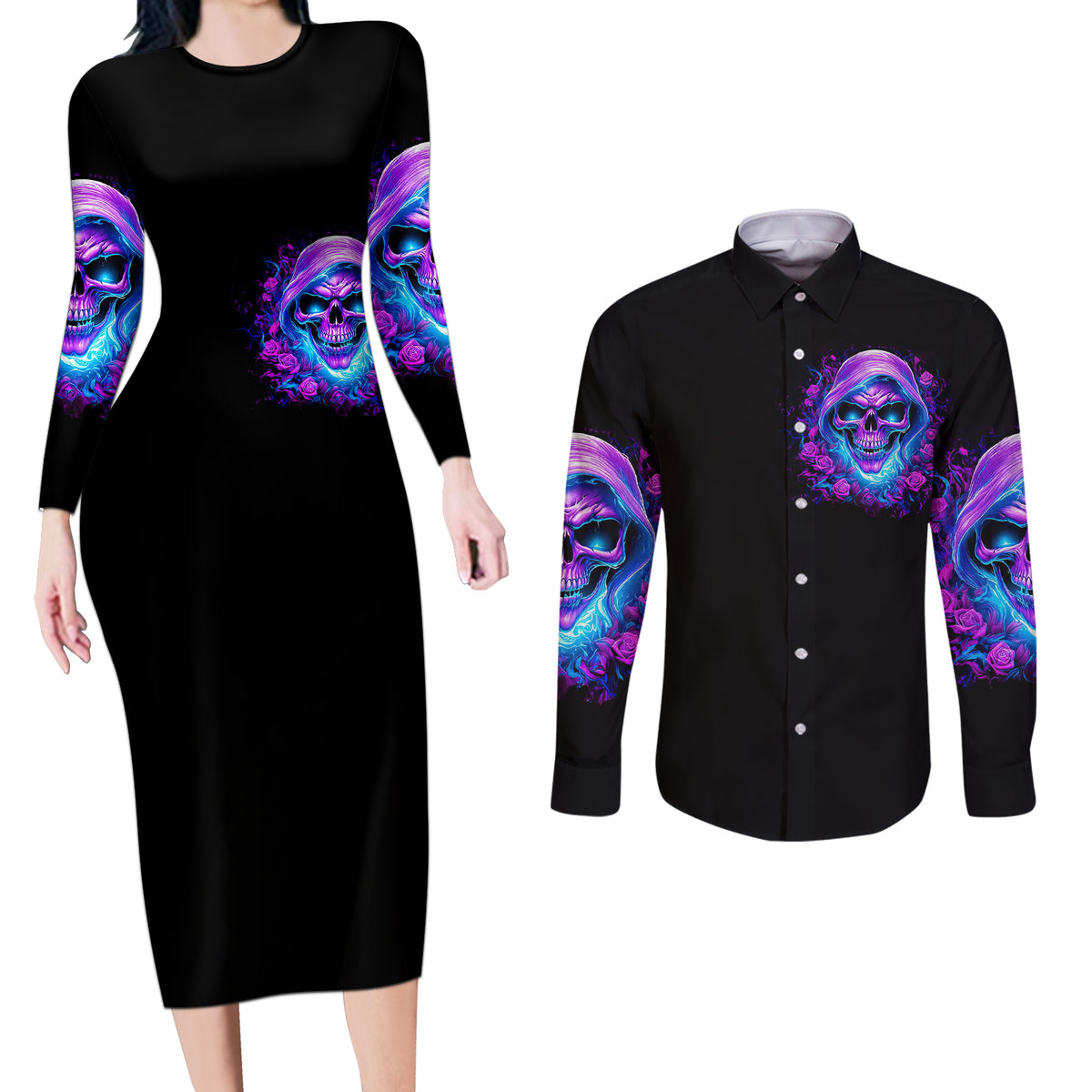 Rose Skull Couples Matching Long Sleeve Bodycon Dress and Long Sleeve Button Shirts I'm Blunt Because God Rolled Me That Way - Wonder Print Shop
