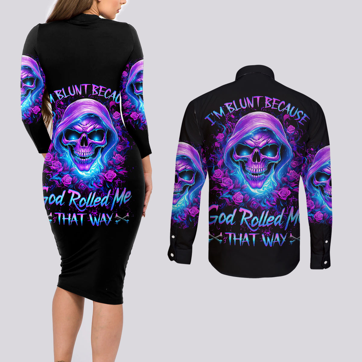 Rose Skull Couples Matching Long Sleeve Bodycon Dress and Long Sleeve Button Shirts I'm Blunt Because God Rolled Me That Way - Wonder Print Shop
