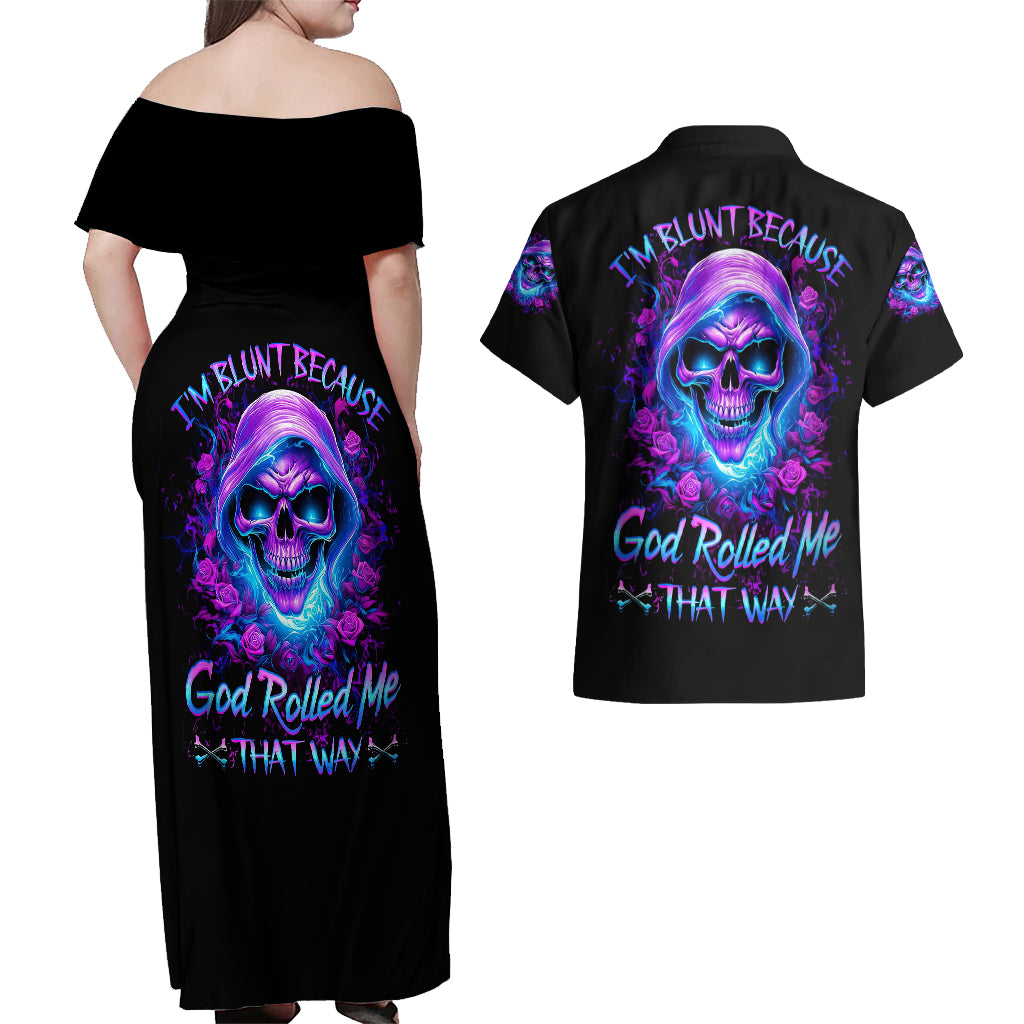 Rose Skull Couples Matching Off Shoulder Maxi Dress and Hawaiian Shirt I'm Blunt Because God Rolled Me That Way - Wonder Print Shop