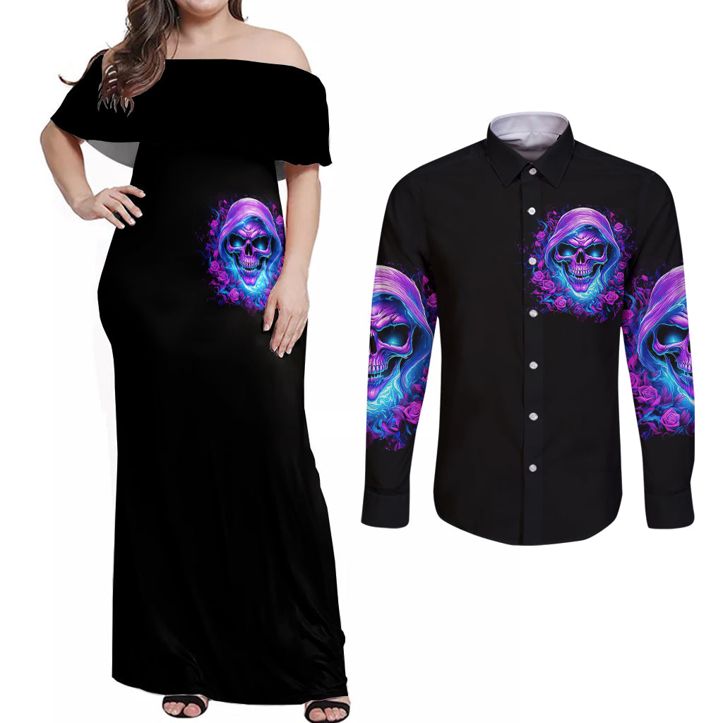 Rose Skull Couples Matching Off Shoulder Maxi Dress and Long Sleeve Button Shirts I'm Blunt Because God Rolled Me That Way - Wonder Print Shop