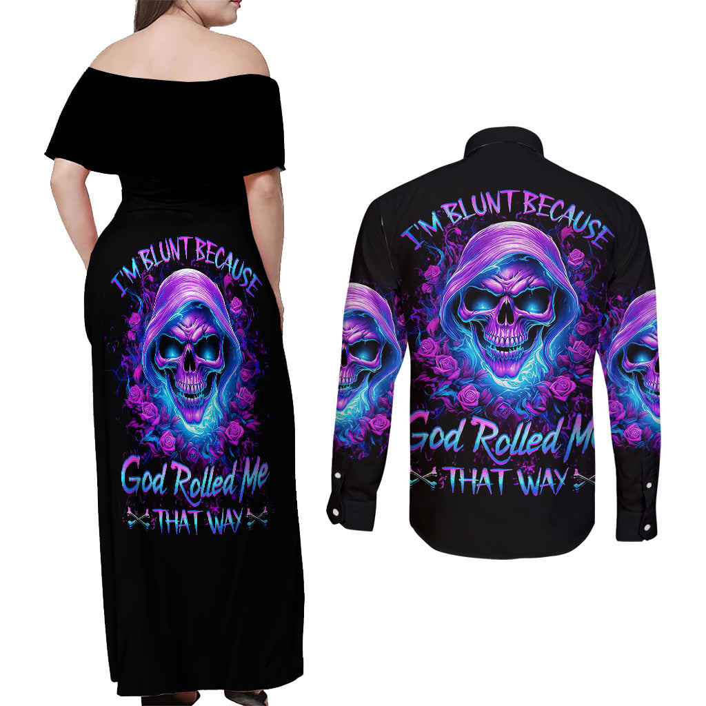 Rose Skull Couples Matching Off Shoulder Maxi Dress and Long Sleeve Button Shirts I'm Blunt Because God Rolled Me That Way - Wonder Print Shop