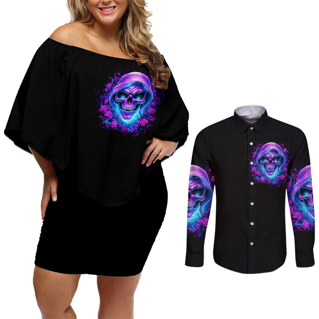 Rose Skull Couples Matching Off Shoulder Short Dress and Long Sleeve Button Shirts I'm Blunt Because God Rolled Me That Way - Wonder Print Shop