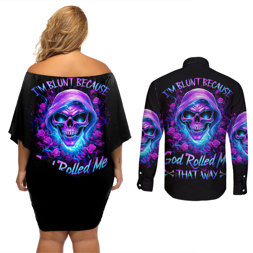 Rose Skull Couples Matching Off Shoulder Short Dress and Long Sleeve Button Shirts I'm Blunt Because God Rolled Me That Way - Wonder Print Shop