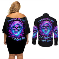Rose Skull Couples Matching Off Shoulder Short Dress and Long Sleeve Button Shirts I'm Blunt Because God Rolled Me That Way - Wonder Print Shop