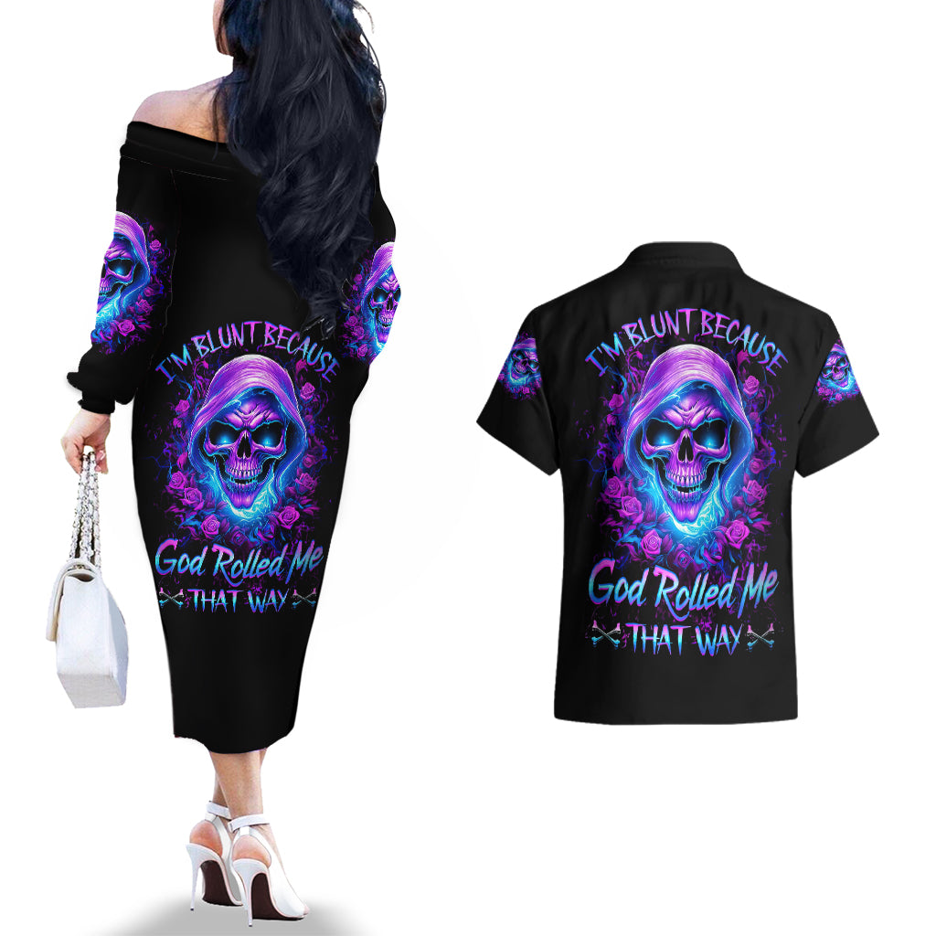Rose Skull Couples Matching Off The Shoulder Long Sleeve Dress and Hawaiian Shirt I'm Blunt Because God Rolled Me That Way - Wonder Print Shop