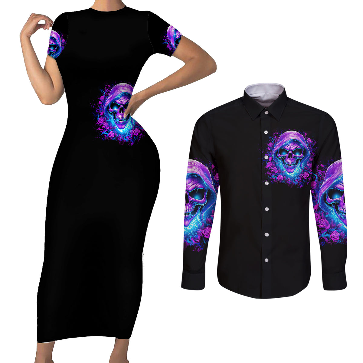 Rose Skull Couples Matching Short Sleeve Bodycon Dress and Long Sleeve Button Shirts I'm Blunt Because God Rolled Me That Way - Wonder Print Shop