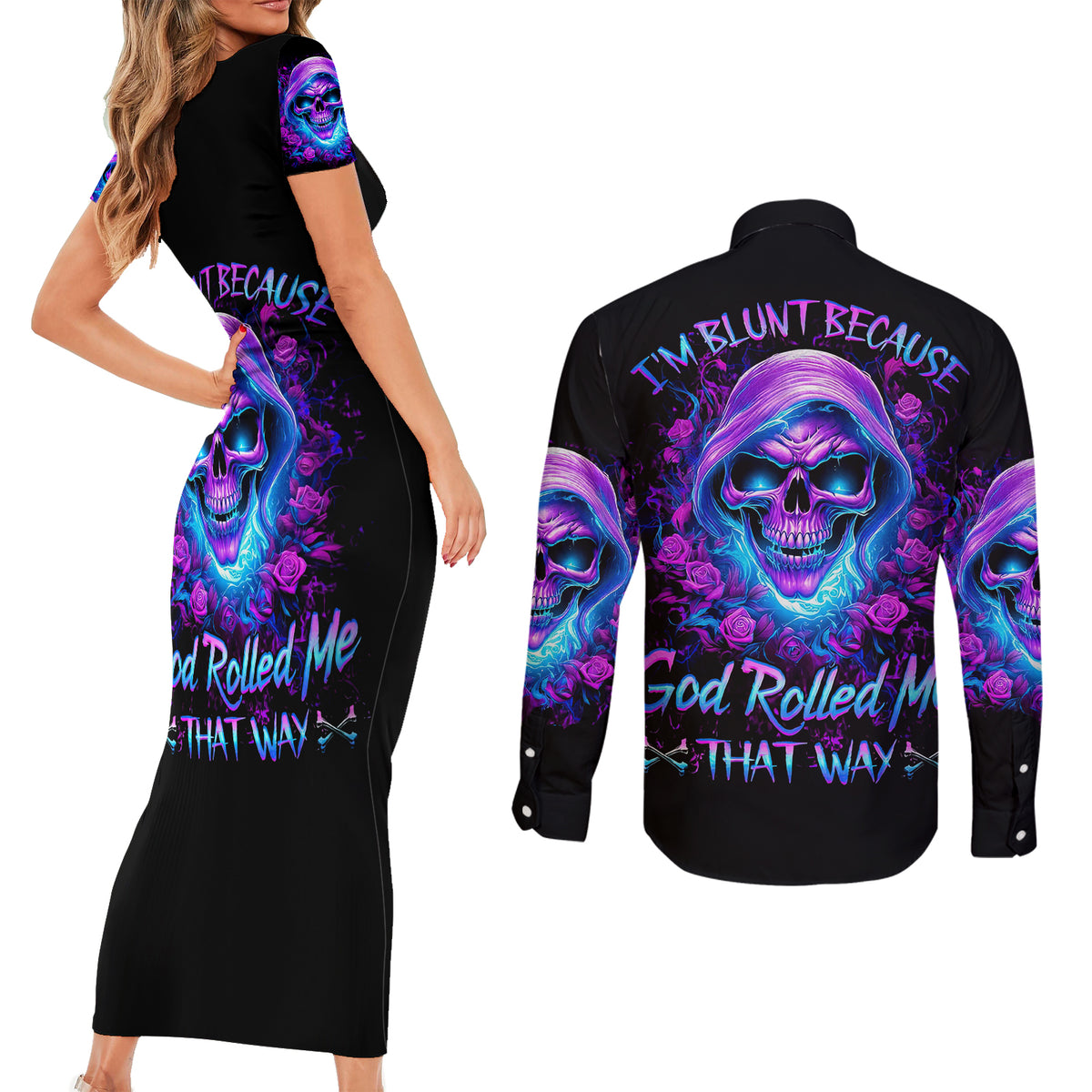 Rose Skull Couples Matching Short Sleeve Bodycon Dress and Long Sleeve Button Shirts I'm Blunt Because God Rolled Me That Way - Wonder Print Shop