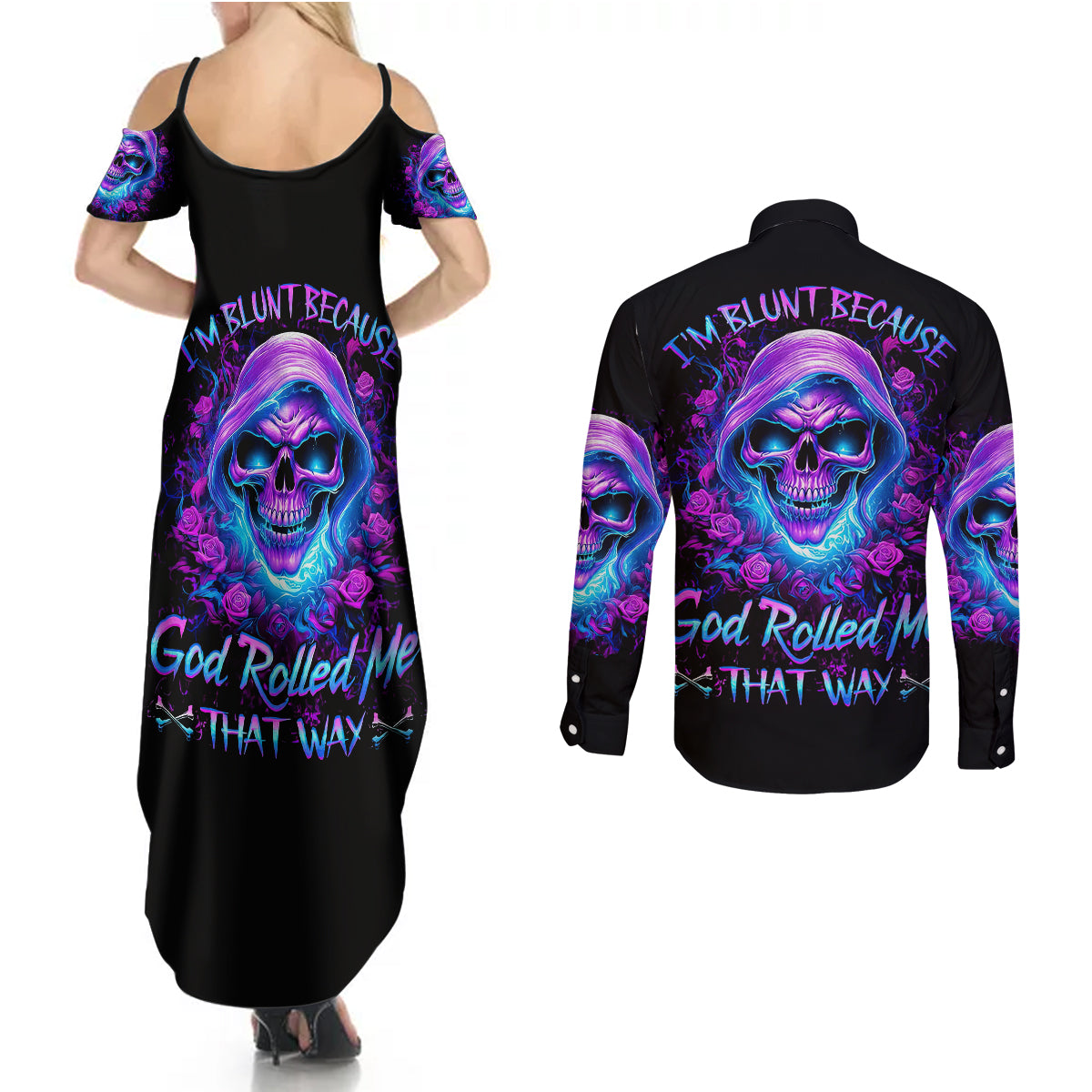 Rose Skull Couples Matching Summer Maxi Dress and Long Sleeve Button Shirts I'm Blunt Because God Rolled Me That Way - Wonder Print Shop