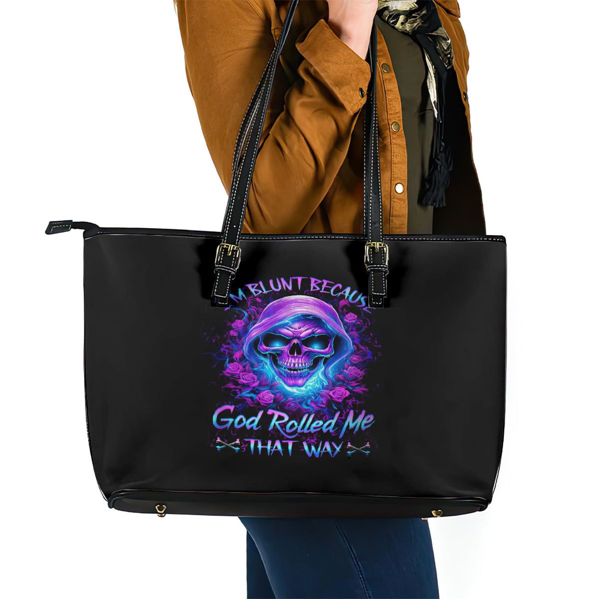 Rose Skull Leather Tote Bag I'm Blunt Because God Rolled Me That Way - Wonder Print Shop
