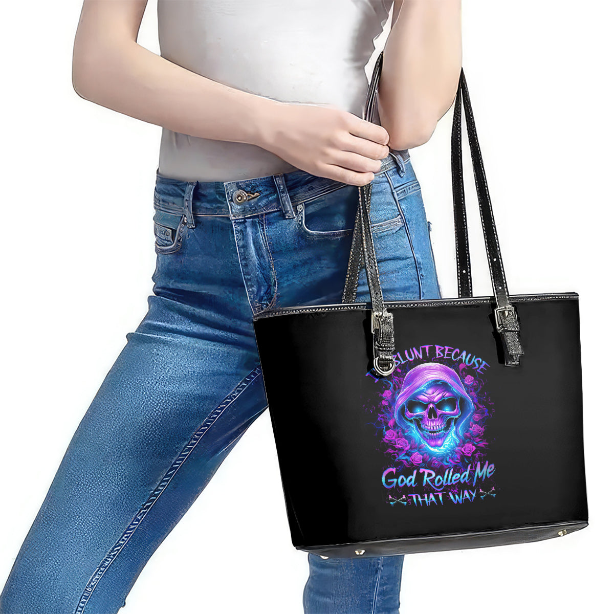 Rose Skull Leather Tote Bag I'm Blunt Because God Rolled Me That Way - Wonder Print Shop
