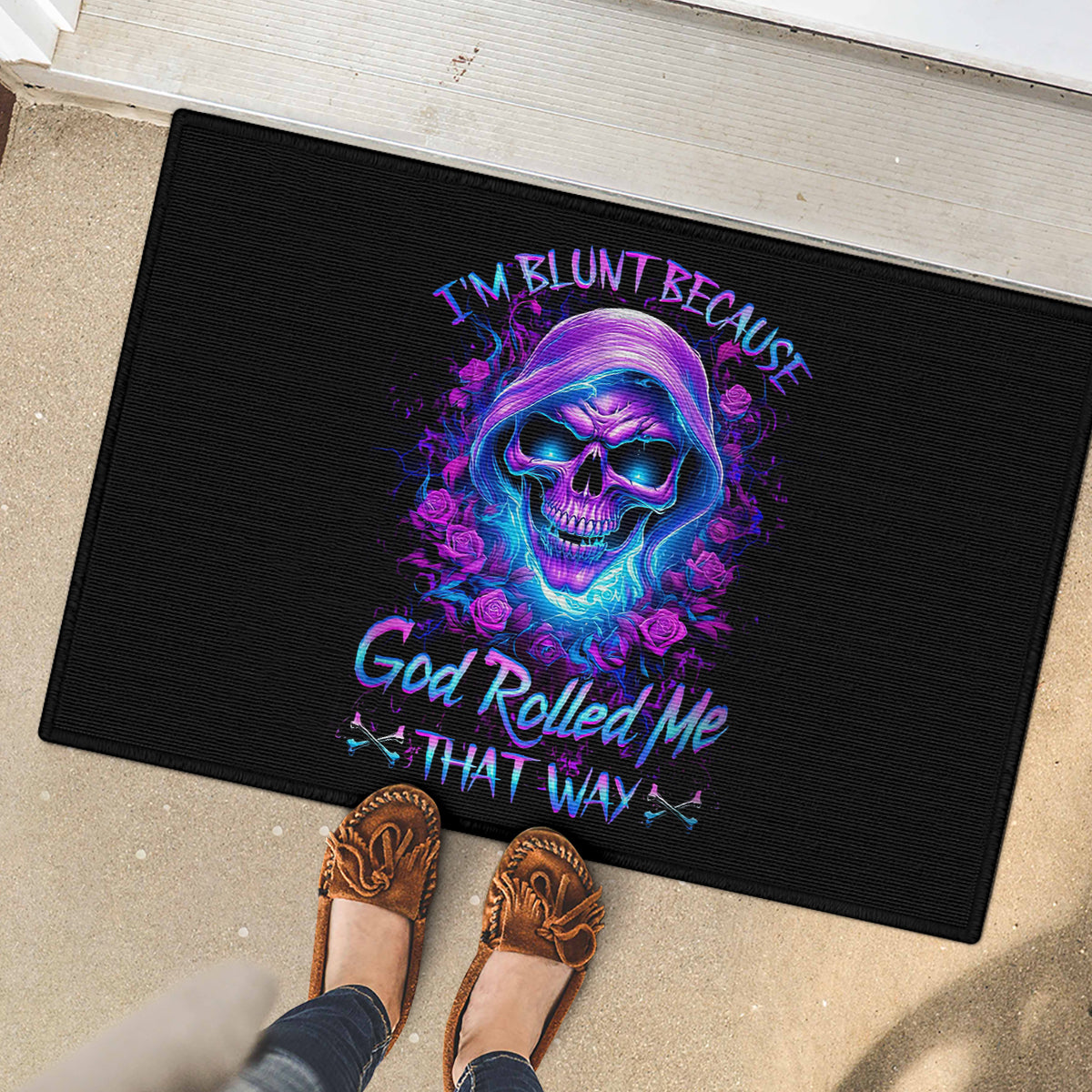 Rose Skull Rubber Doormat I'm Blunt Because God Rolled Me That Way - Wonder Print Shop