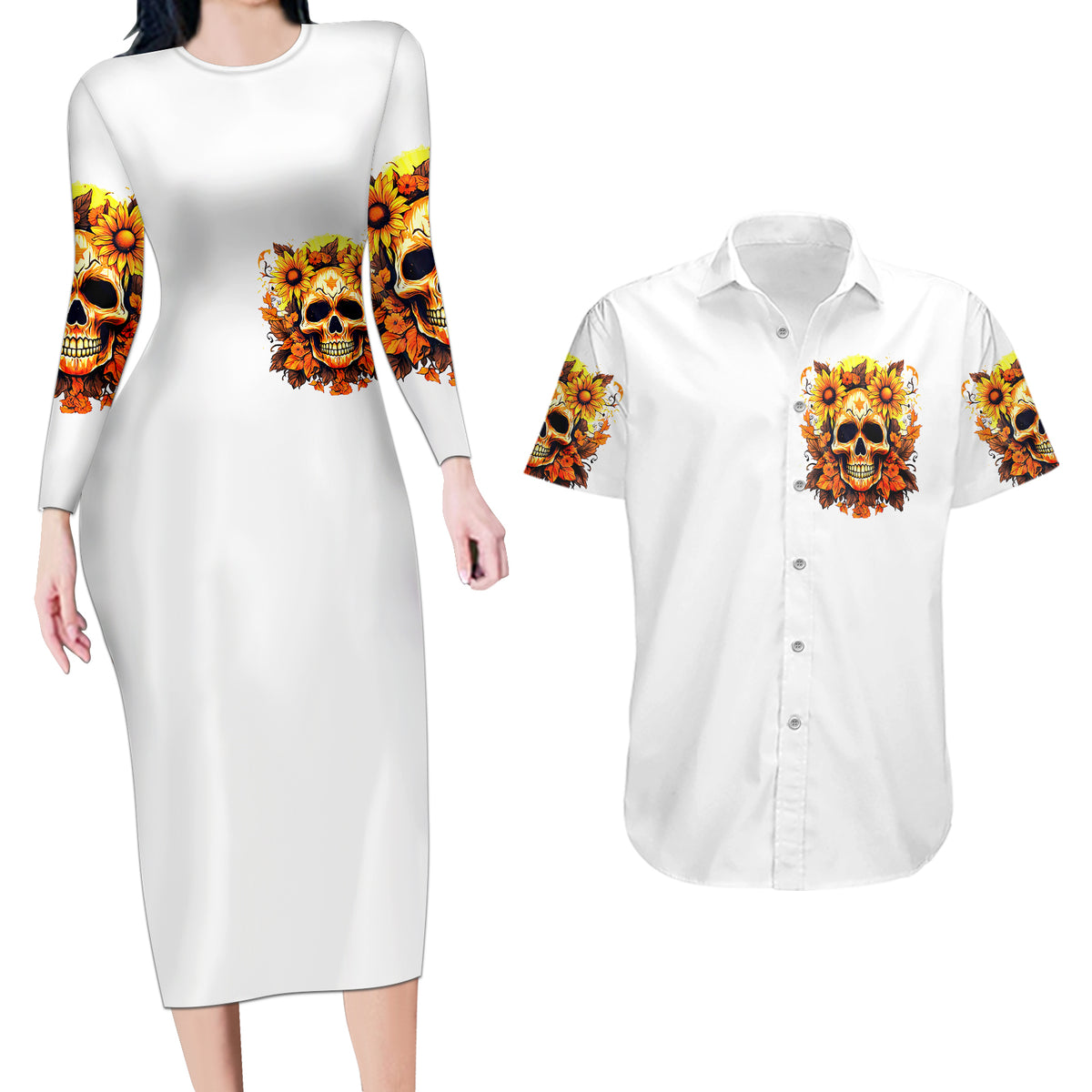 Sunflower Skull Couples Matching Long Sleeve Bodycon Dress and Hawaiian Shirt Sunflower I'm Blunt Because God Rolled Me That Way - Wonder Print Shop