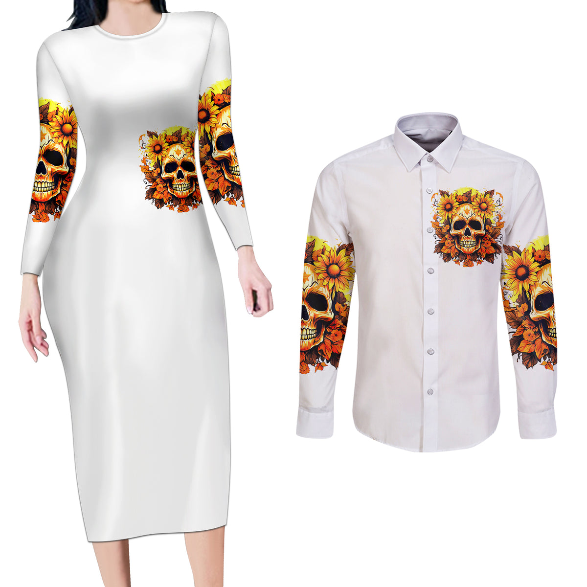 Sunflower Skull Couples Matching Long Sleeve Bodycon Dress and Long Sleeve Button Shirts Sunflower I'm Blunt Because God Rolled Me That Way - Wonder Print Shop