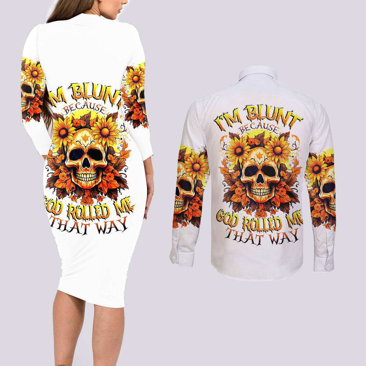 Sunflower Skull Couples Matching Long Sleeve Bodycon Dress and Long Sleeve Button Shirts Sunflower I'm Blunt Because God Rolled Me That Way - Wonder Print Shop