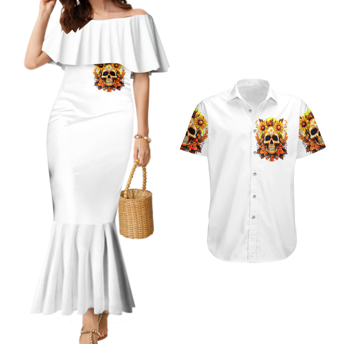 Sunflower Skull Couples Matching Mermaid Dress and Hawaiian Shirt Sunflower I'm Blunt Because God Rolled Me That Way - Wonder Print Shop