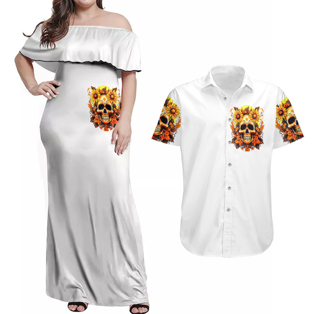 Sunflower Skull Couples Matching Off Shoulder Maxi Dress and Hawaiian Shirt Sunflower I'm Blunt Because God Rolled Me That Way - Wonder Print Shop