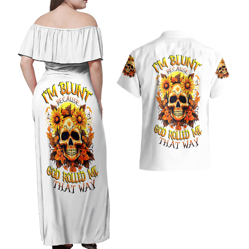 Sunflower Skull Couples Matching Off Shoulder Maxi Dress and Hawaiian Shirt Sunflower I'm Blunt Because God Rolled Me That Way - Wonder Print Shop