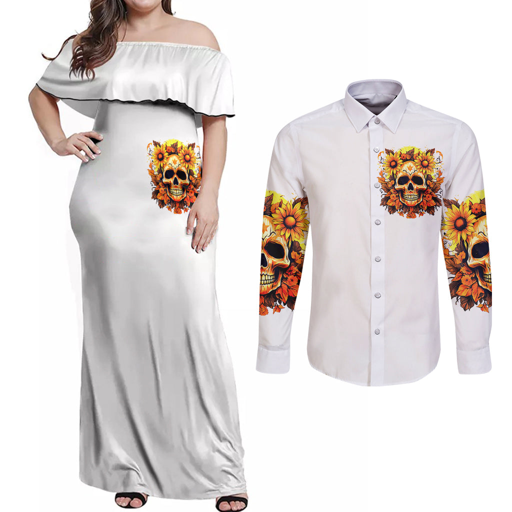 Sunflower Skull Couples Matching Off Shoulder Maxi Dress and Long Sleeve Button Shirts Sunflower I'm Blunt Because God Rolled Me That Way - Wonder Print Shop