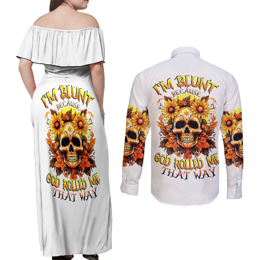 Sunflower Skull Couples Matching Off Shoulder Maxi Dress and Long Sleeve Button Shirts Sunflower I'm Blunt Because God Rolled Me That Way - Wonder Print Shop