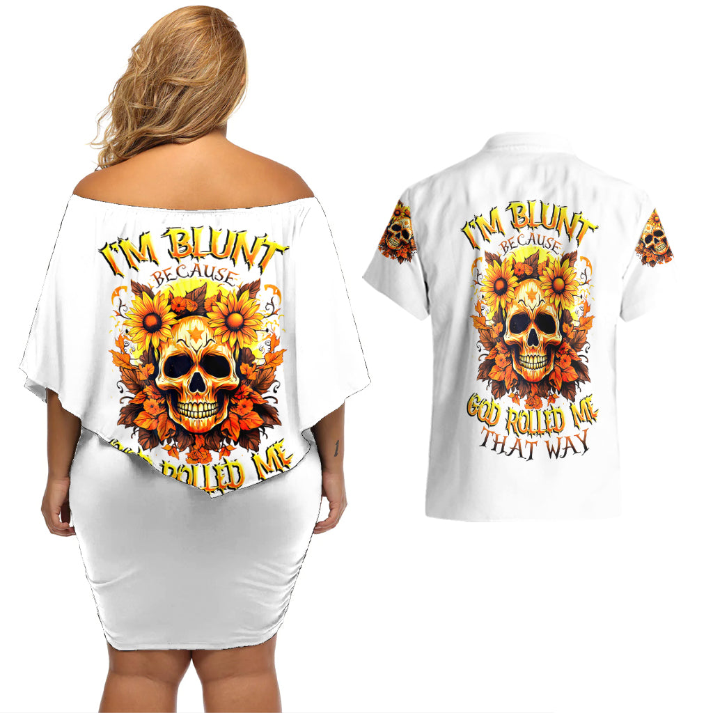 Sunflower Skull Couples Matching Off Shoulder Short Dress and Hawaiian Shirt Sunflower I'm Blunt Because God Rolled Me That Way - Wonder Print Shop