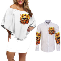 Sunflower Skull Couples Matching Off Shoulder Short Dress and Long Sleeve Button Shirts Sunflower I'm Blunt Because God Rolled Me That Way - Wonder Print Shop