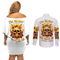 Sunflower Skull Couples Matching Off Shoulder Short Dress and Long Sleeve Button Shirts Sunflower I'm Blunt Because God Rolled Me That Way - Wonder Print Shop