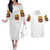Sunflower Skull Couples Matching Off The Shoulder Long Sleeve Dress and Hawaiian Shirt Sunflower I'm Blunt Because God Rolled Me That Way - Wonder Print Shop