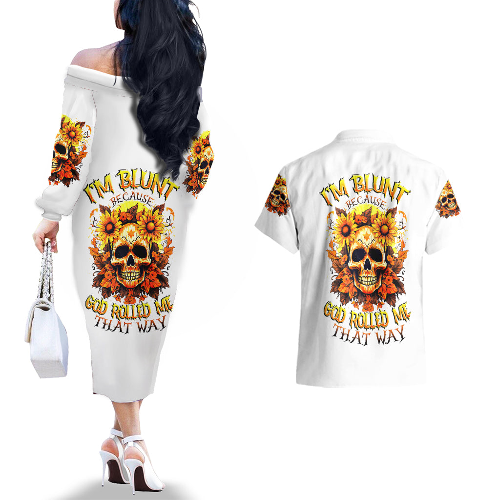 Sunflower Skull Couples Matching Off The Shoulder Long Sleeve Dress and Hawaiian Shirt Sunflower I'm Blunt Because God Rolled Me That Way - Wonder Print Shop