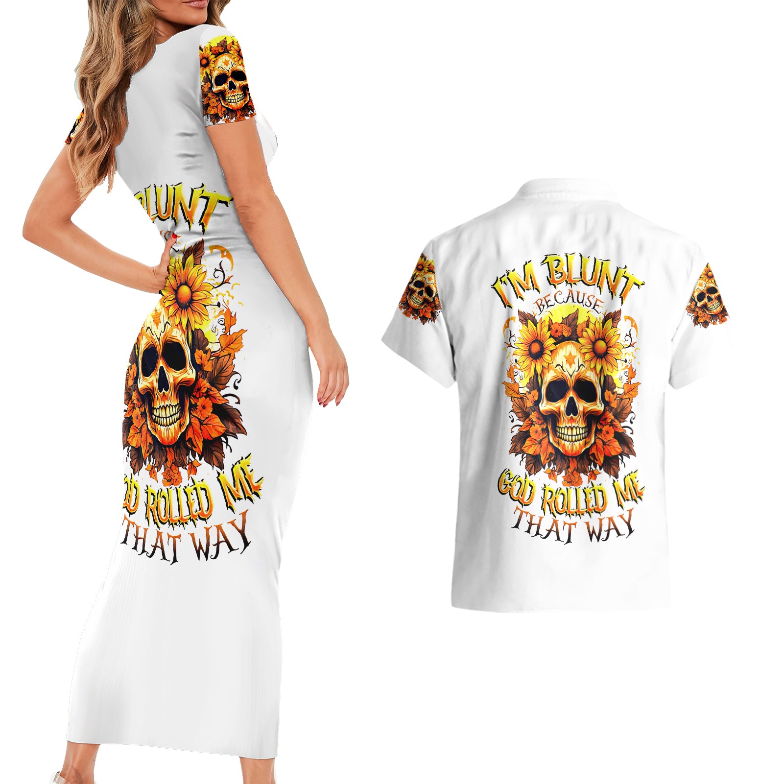 Sunflower Skull Couples Matching Short Sleeve Bodycon Dress and Hawaiian Shirt Sunflower I'm Blunt Because God Rolled Me That Way - Wonder Print Shop