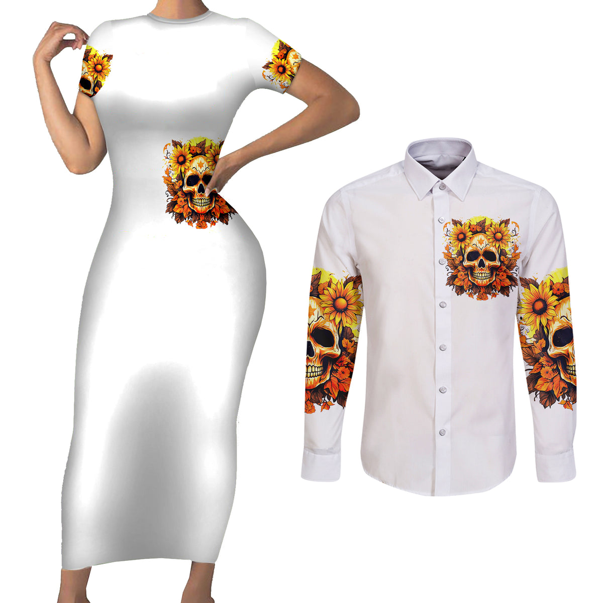 Sunflower Skull Couples Matching Short Sleeve Bodycon Dress and Long Sleeve Button Shirts Sunflower I'm Blunt Because God Rolled Me That Way - Wonder Print Shop