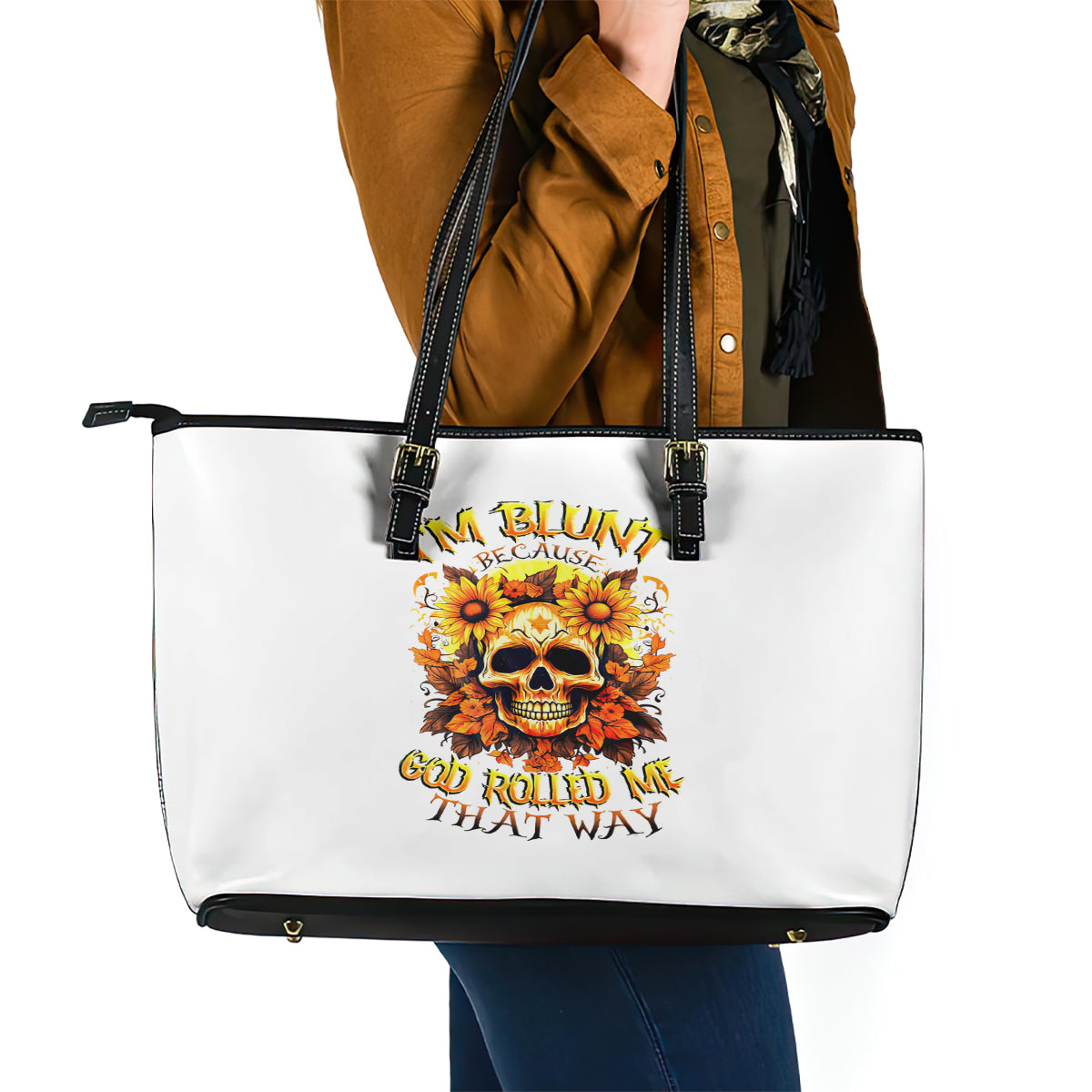 Sunflower Skull Leather Tote Bag Sunflower I'm Blunt Because God Rolled Me That Way - Wonder Print Shop