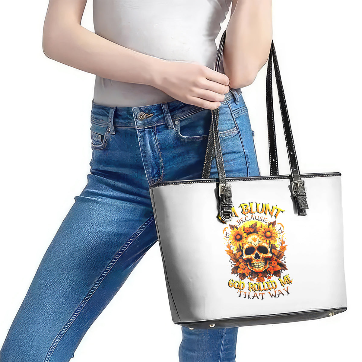 Sunflower Skull Leather Tote Bag Sunflower I'm Blunt Because God Rolled Me That Way - Wonder Print Shop