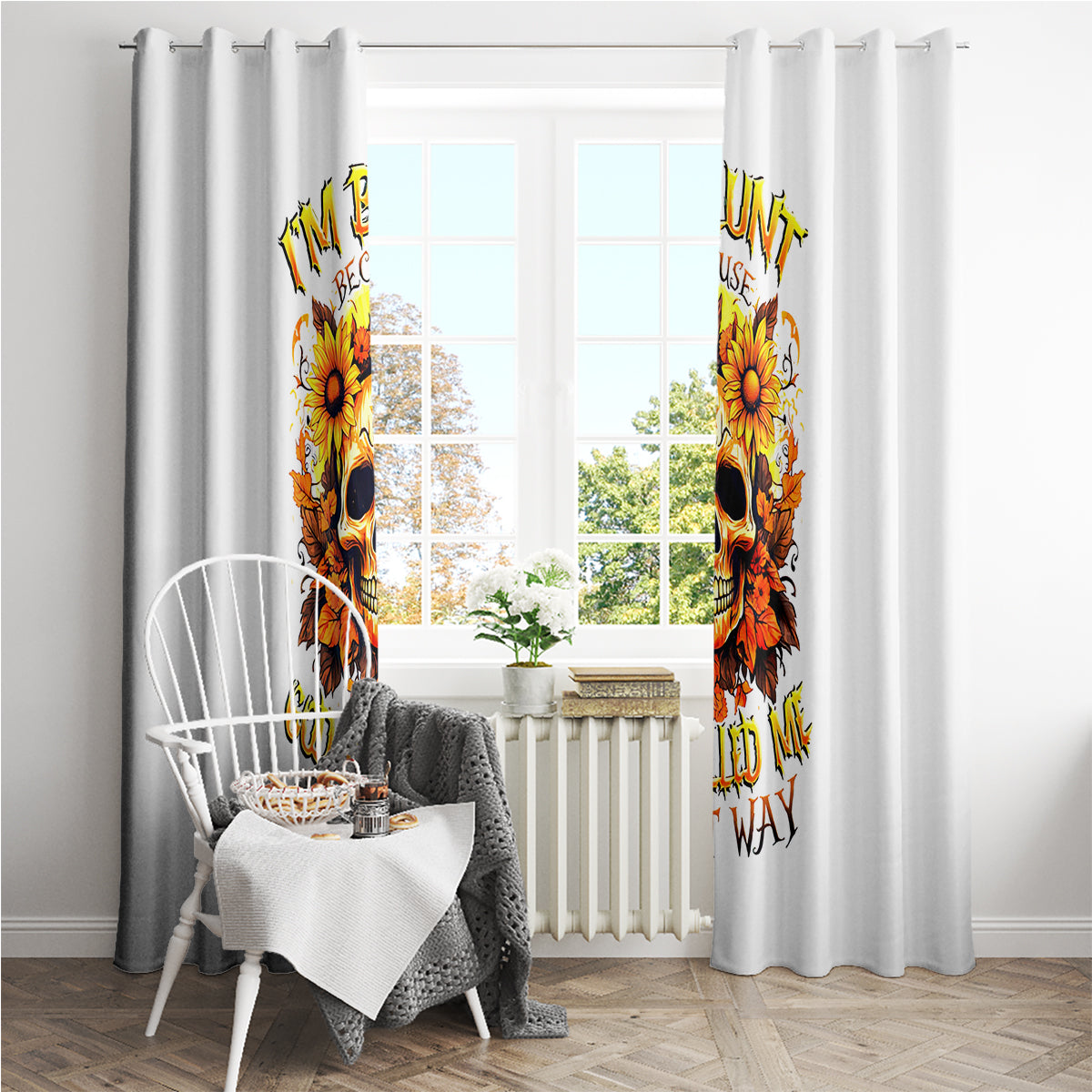 Sunflower Skull Window Curtain Sunflower I'm Blunt Because God Rolled Me That Way - Wonder Print Shop