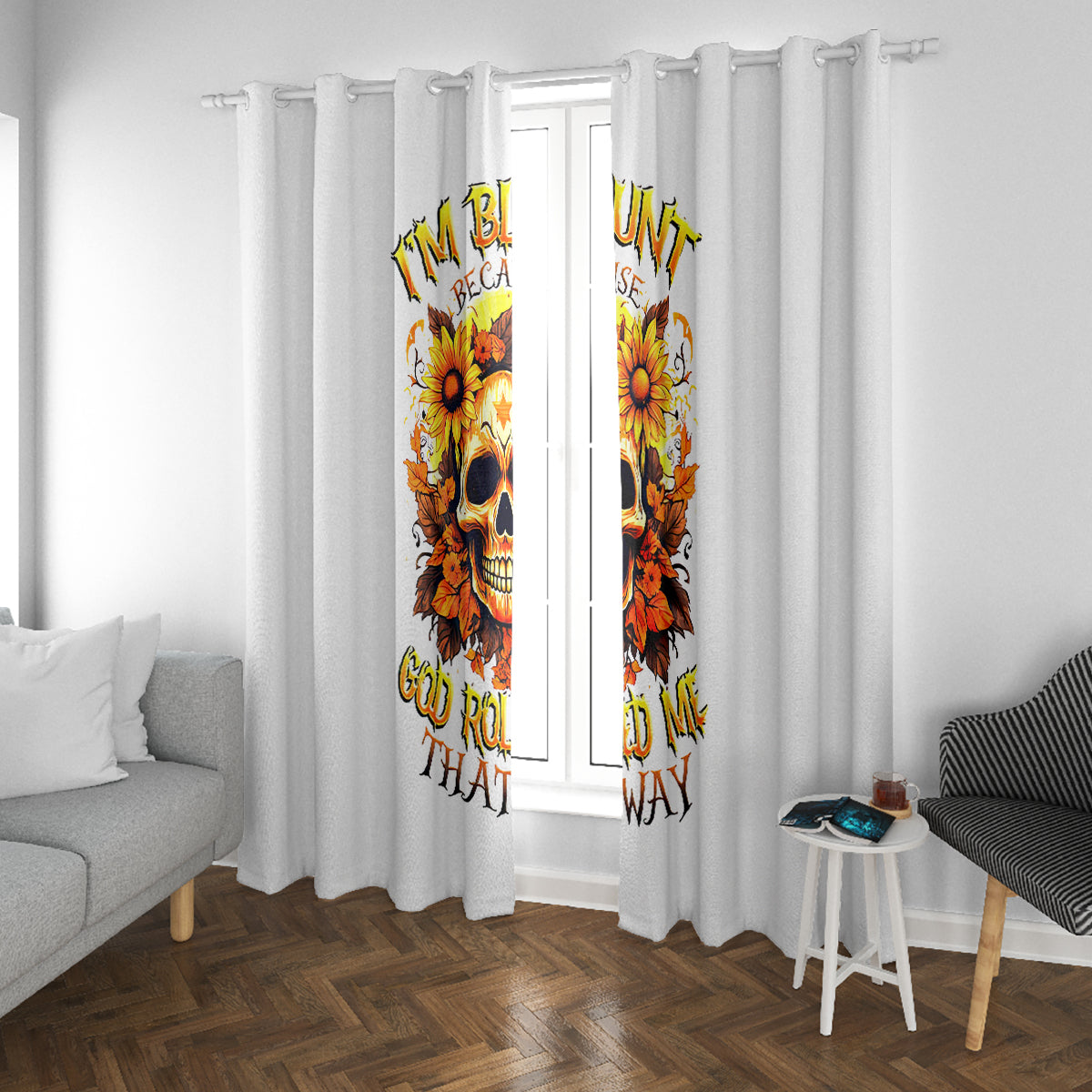 Sunflower Skull Window Curtain Sunflower I'm Blunt Because God Rolled Me That Way - Wonder Print Shop
