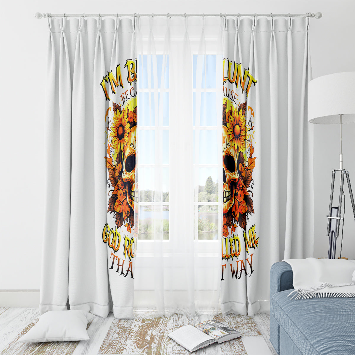 Sunflower Skull Window Curtain Sunflower I'm Blunt Because God Rolled Me That Way - Wonder Print Shop