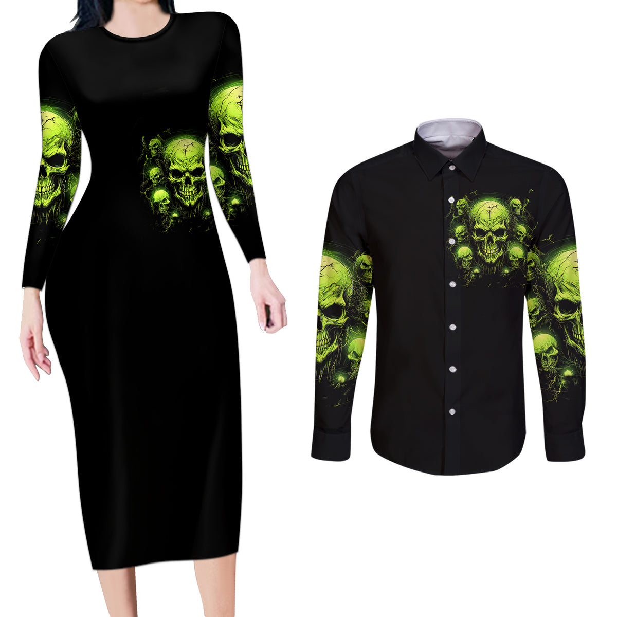 Thunder Skull Couples Matching Long Sleeve Bodycon Dress and Long Sleeve Button Shirts Thunder Skull I Never Alone My Demon With Me 24/7 - Wonder Print Shop