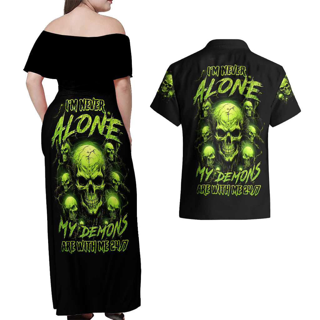 Thunder Skull Couples Matching Off Shoulder Maxi Dress and Hawaiian Shirt Thunder Skull I Never Alone My Demon With Me 24/7 - Wonder Print Shop