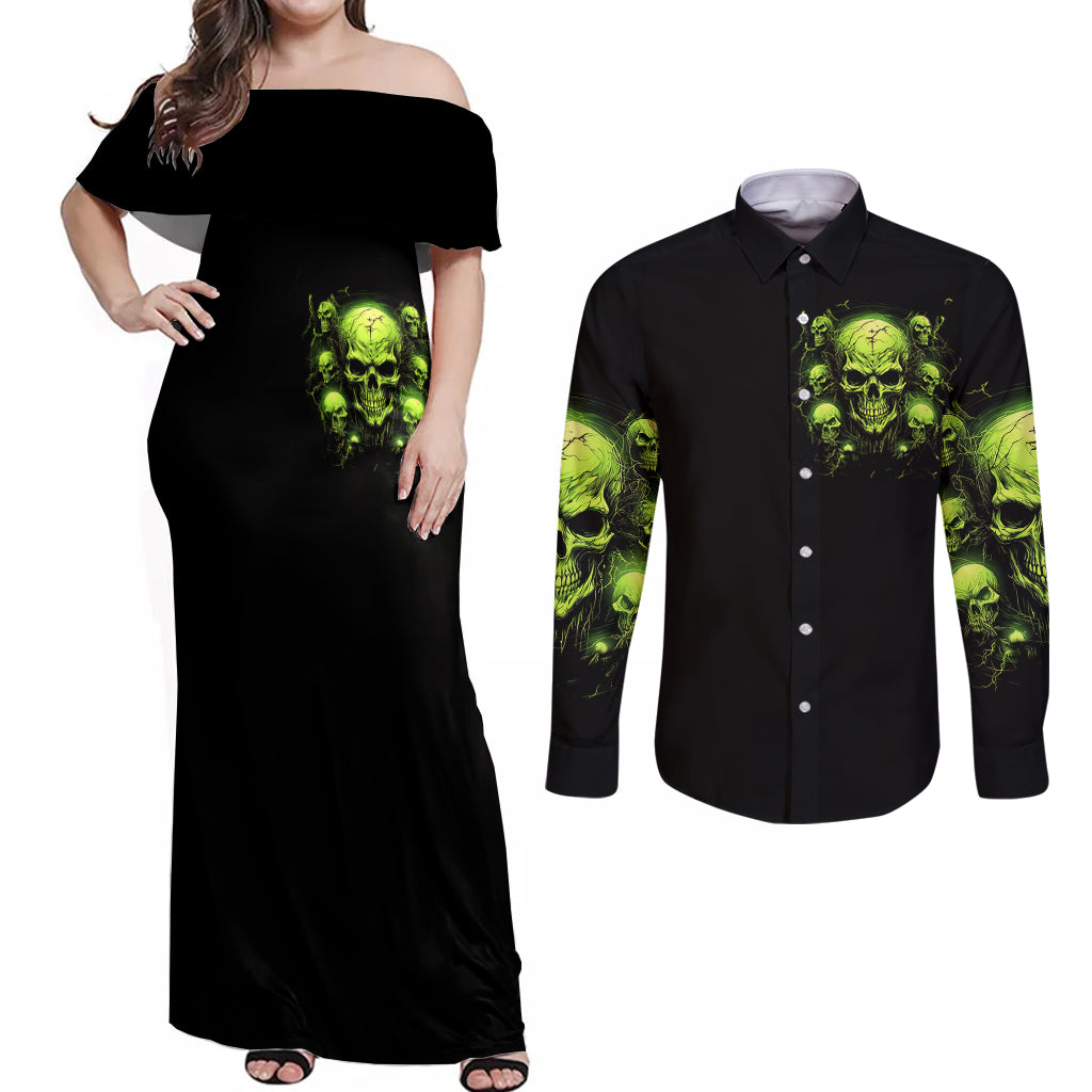 Thunder Skull Couples Matching Off Shoulder Maxi Dress and Long Sleeve Button Shirts Thunder Skull I Never Alone My Demon With Me 24/7 - Wonder Print Shop