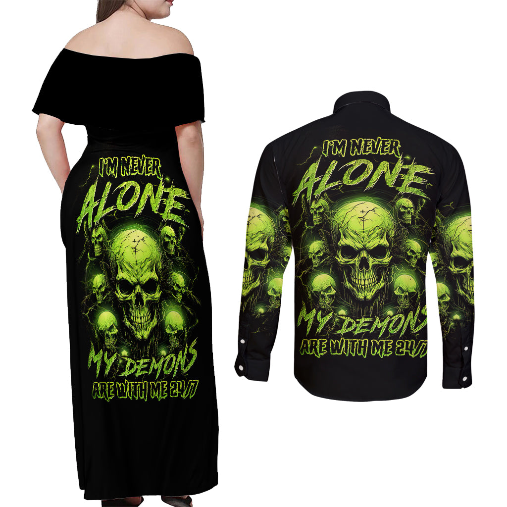 Thunder Skull Couples Matching Off Shoulder Maxi Dress and Long Sleeve Button Shirts Thunder Skull I Never Alone My Demon With Me 24/7 - Wonder Print Shop